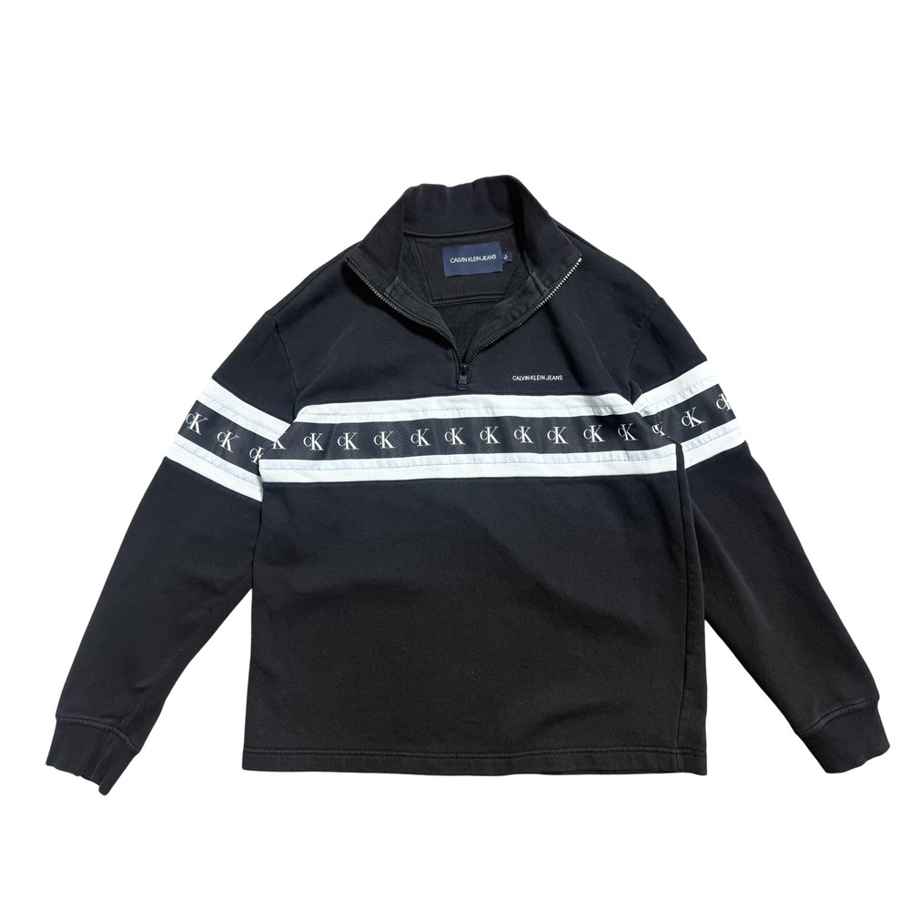 Calvin Klein Jeans Sweatshirt Mens Medium Black Quarter Zip CK Logo Tape Stripe